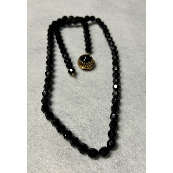 Vintage Black Faceted Glass Bead Necklace with Gold Tone Clasp Deco 26" Long mis - Picture 5 of 8